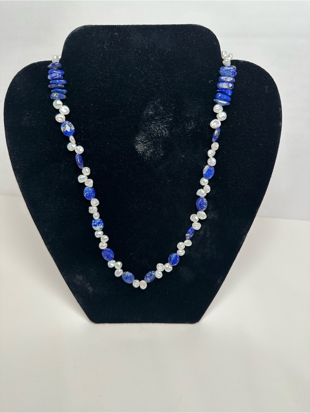 Artisan faceted Lapis Lazuli and Pearl Necklace - Blue and White 17”